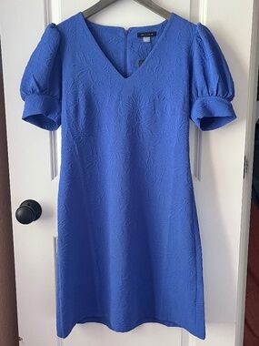 NWT Tommy Hilfiger Blue Puff Sleeve V Neck Shift Dress Textured Floral 4